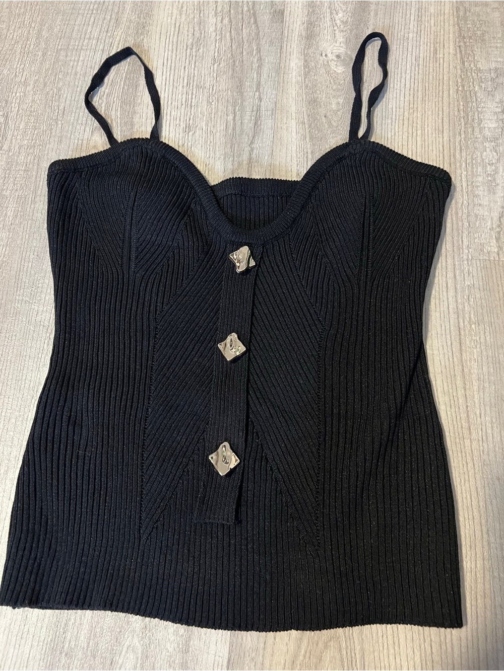 Black Ribbed Knit Cami Tank with Decorative Buttons